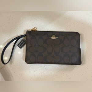 Coach Signature Brown Wristlet with Gold Accents